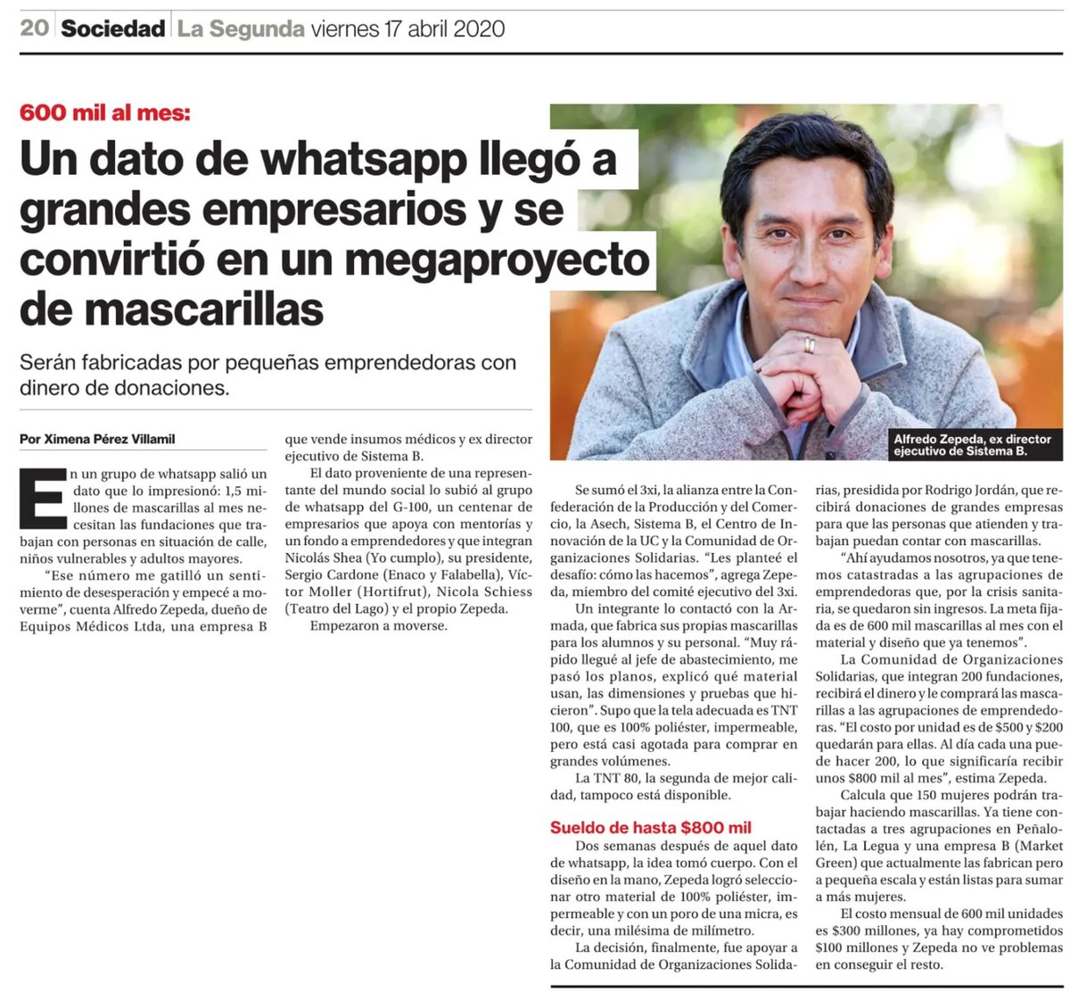 Emociona e impresiona cuanto puede hacer el empuje de personas maravillosas como <a href="/ZepedaAlfredoCL/">Alfredo Zepeda P. (62+38) 🇨🇱</a> movilizando a otros con acciones concretas para enfrentar la pandemia #COVID19. Via <a href="/La_Segunda/">laSegunda</a>