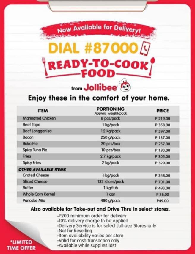 misismimisuarez's tweet photo. We are bringing JOY to your homes to keep you safe!

Our Ready-to-Cook Food Packs are also NOW AVAILABLE for DELIVERY in select Jollibee Stores! Just CALL #87000 or through the direct number of our Jollibee Delivery Stores in your area. https://t.co/4BadLGbe6r