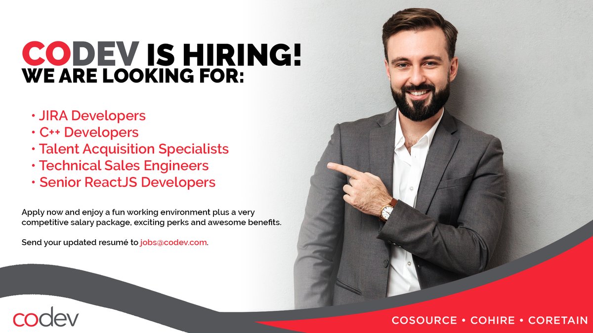 CoDevPhils's tweet photo. #CoDev is hiring for the following positions:

• JIRA Developers
• C++ Developers
• Talent Acquisition Specialists
• Technical Sales Engineers
• Senior ReactJS Developers

Send your resume to jobs@codev.com and take our assessments from the  your home! https://t.co/bzyjimrchT