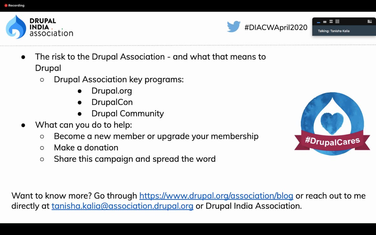 SurabhiGokte's tweet image. #drupalthanks to @TanishaKalia for speaking about the @drupalassoc&apos;s campaign #DrupalCares @india_drupal 
#DIACWApril2020