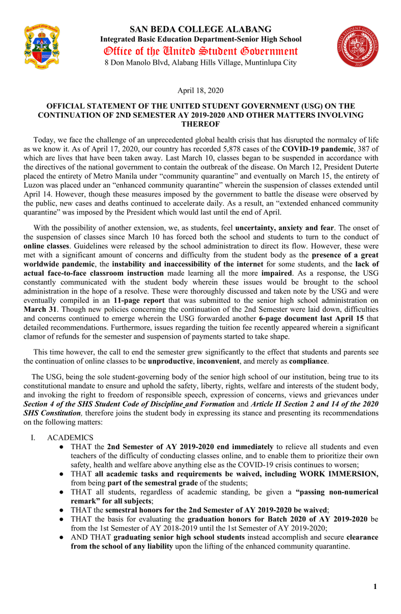 SBCA_CSG's tweet photo. [OFFICIAL STATEMENT OF THE USG]

"As Bedans, we are asked to stand by and answer the clarion call"

Being true to its mandate, the USG joins in solidarity with the student body by preserving and upholding its rights, welfare and interests as we face a great worldwide pandemic. https://t.co/e3AXEtzjSZ