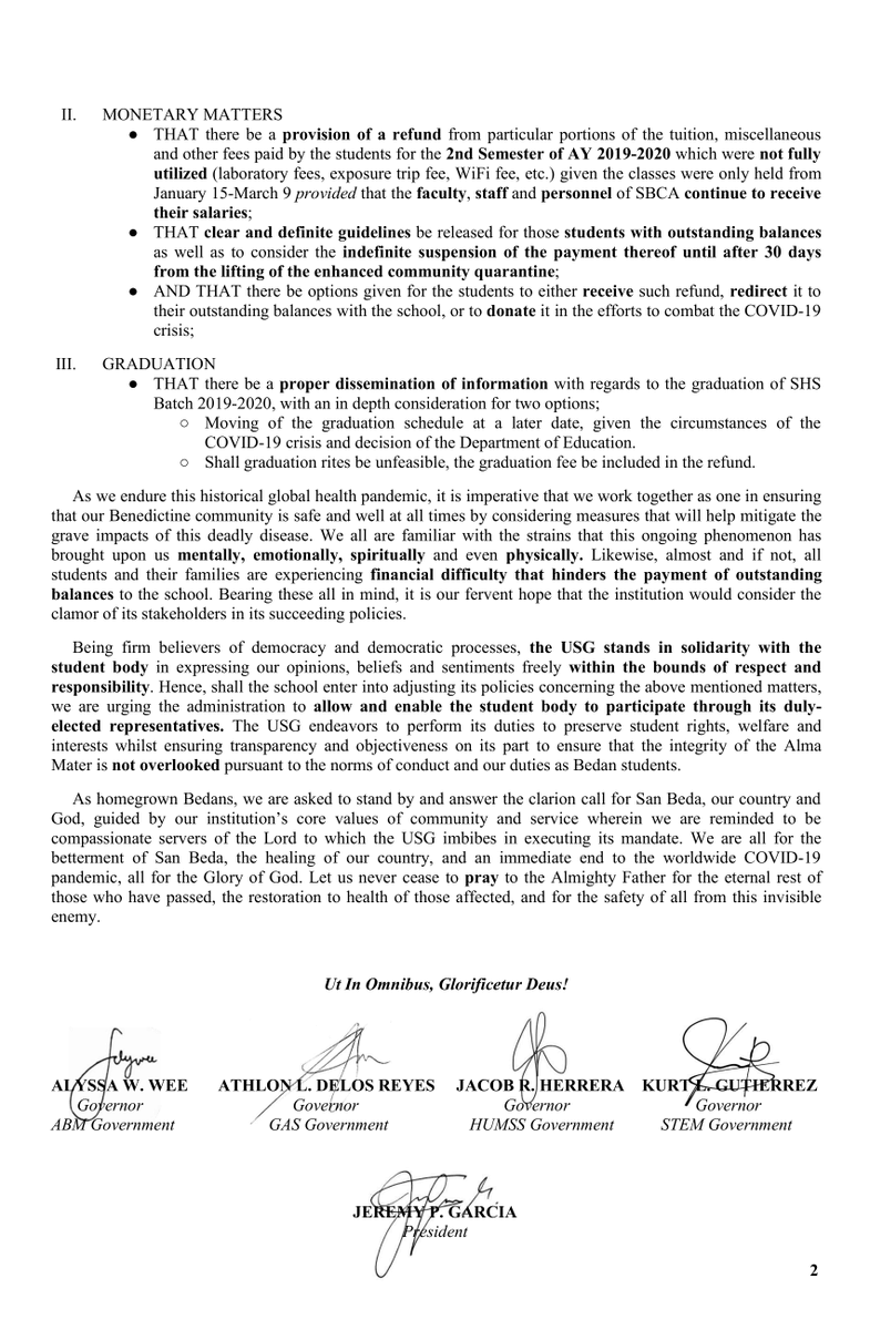 SBCA_CSG's tweet photo. [OFFICIAL STATEMENT OF THE USG]

"As Bedans, we are asked to stand by and answer the clarion call"

Being true to its mandate, the USG joins in solidarity with the student body by preserving and upholding its rights, welfare and interests as we face a great worldwide pandemic. https://t.co/e3AXEtzjSZ