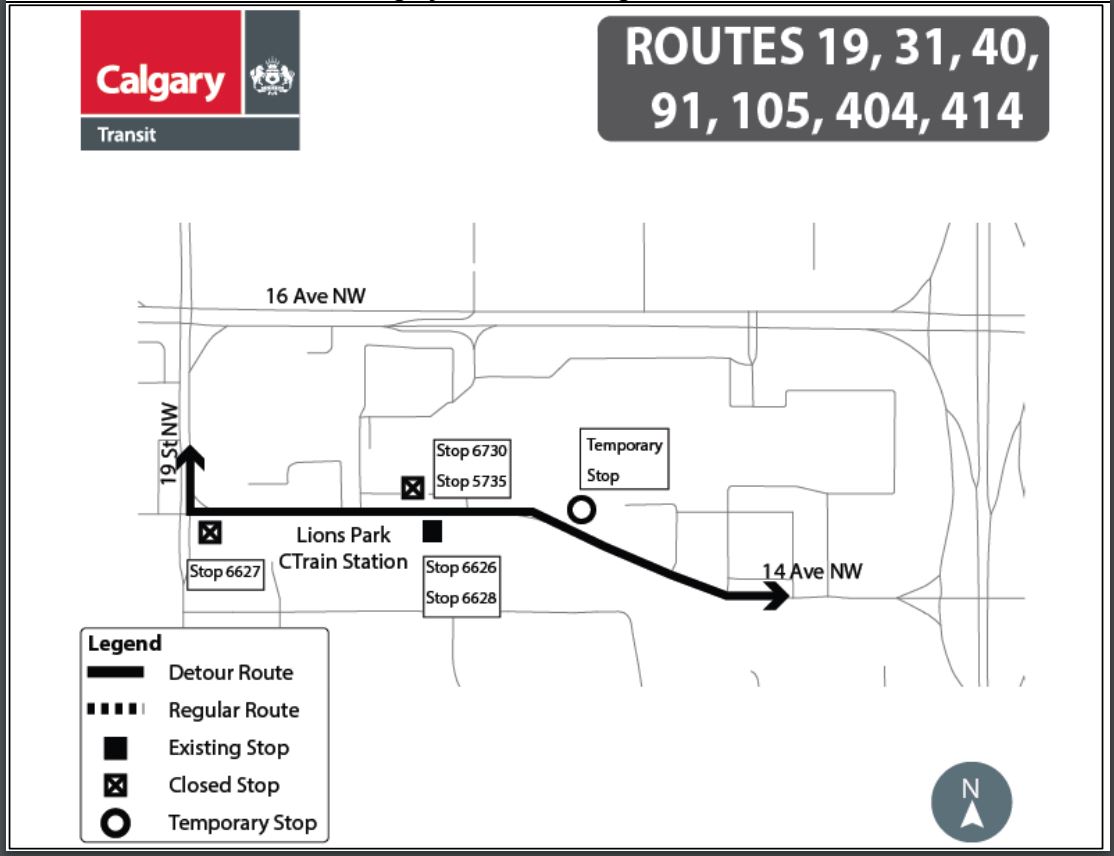 calgarytransit's tweet photo. #CTRIDERS #Route19 #Route31 #Route40 #Route91 #Route105 #Route404 #Route414 from Apr.20-Apr.27 stops #6730 #5735 and #6627 will be closed for construction. A temp stop will be placed on westbound 14 AVE just 100 metres East of existing stop. https://t.co/pQIijq8br9