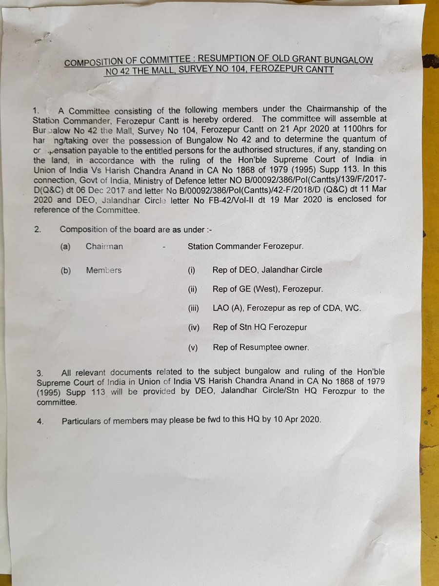 Blasterkarwa's tweet photo. Army Making Fun of Lockdown? 
They want to take resumption of bungalow no. 42, Ferozepur Cantt amidst lockdown on 21 Apr &amp; wants snr citizen to be present on site. No justice #IndiaFightsCorona 
@rashtrapatibhvn @AmitShah @narendramodi @rajnathsingh @drajaykumar_ias @canttindia https://t.co/dUgCqjrKHy