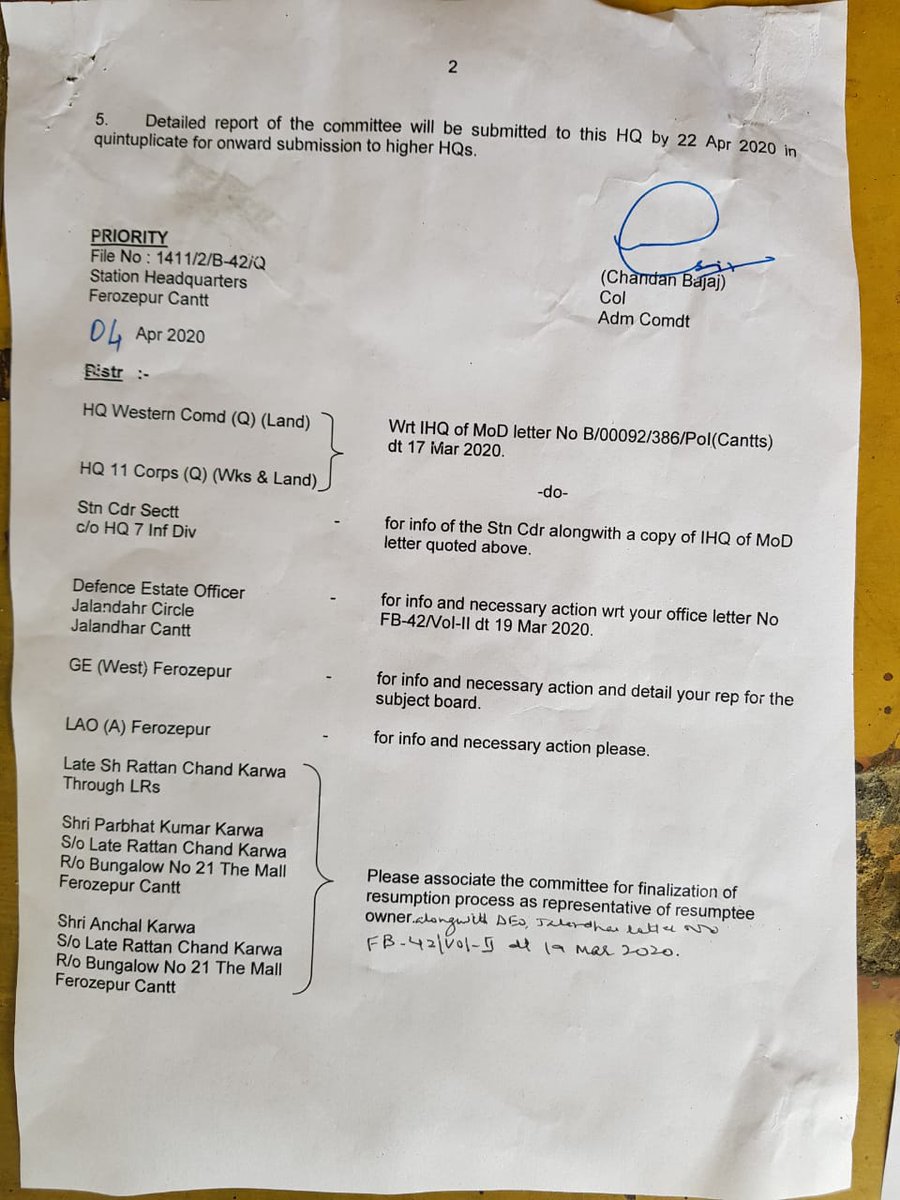 Blasterkarwa's tweet photo. Army Making Fun of Lockdown? 
They want to take resumption of bungalow no. 42, Ferozepur Cantt amidst lockdown on 21 Apr &amp; wants snr citizen to be present on site. No justice #IndiaFightsCorona 
@rashtrapatibhvn @AmitShah @narendramodi @rajnathsingh @drajaykumar_ias @canttindia https://t.co/dUgCqjrKHy