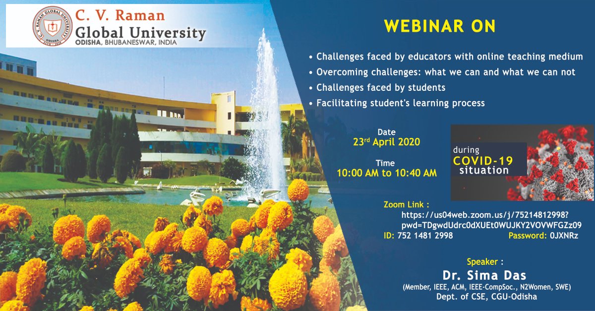 CVRGI_Twitt's tweet photo. Challenges faced by educators and students with online teaching medium and how to overcome them on 23rd April, Time 10.00 AM to 10.40 am
Join Zoom Meeting
https://t.co/lFB91C2hIs
Meeting ID: 752 1481 2998
Password: 0JXNRz https://t.co/xev9x7QRYS