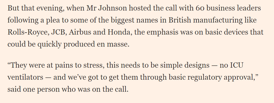And the answer comes on March 16 when  @BorisJohnson does a conference call with all of the top industrial bosses. They want something simple, non-ICU that can be mass produced - as an insider on the call tells us:/5