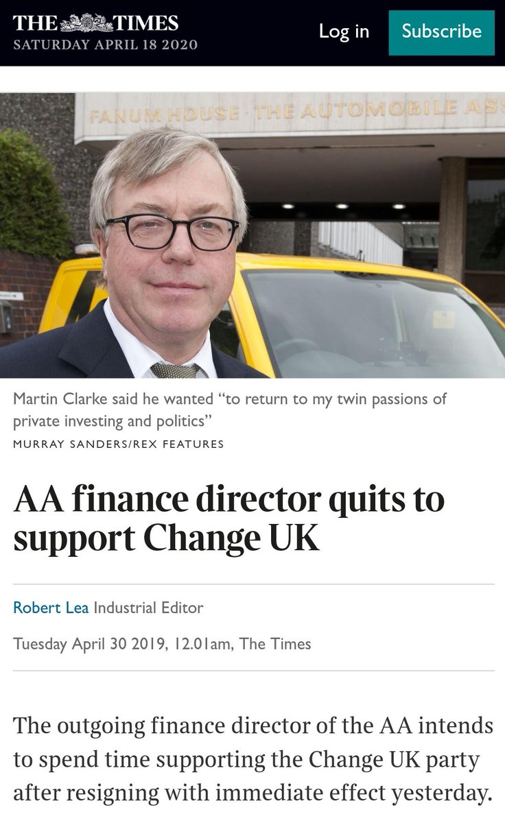 Martin Clarke who was the Chief Financial Officer of  @TheAA_UK & a former executive of private equity firm Permira gave Starmer £25k for his leadership bid. Clarke was anti-Corbyn from the beginning, he is close to Chuka Umunna & is the co-architect of Change UK  #StarmerForSale