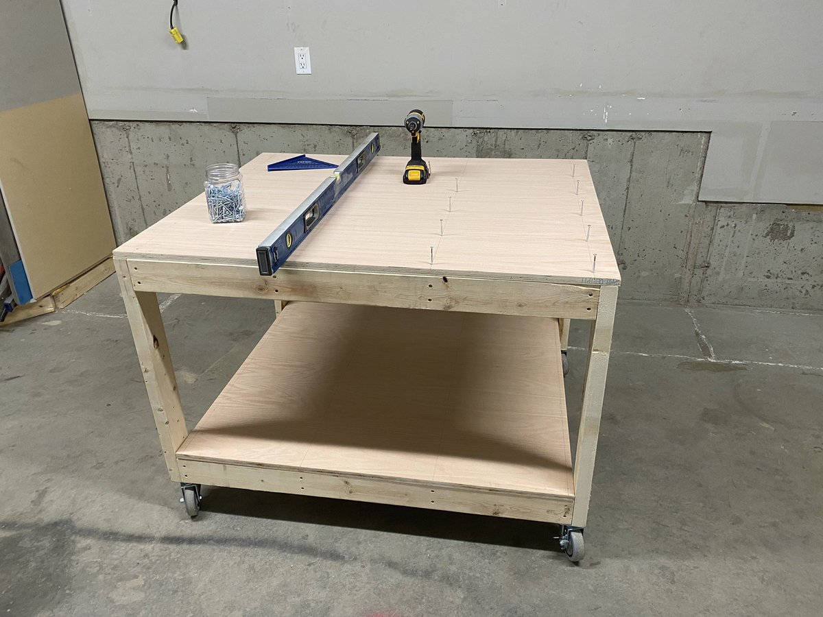 DallasTatlow's tweet photo. @FixThisBuildTht Thanks for the inspiration. Simple instructions and guildance! 

Used Red Oak for the top and base! Finish securing and clean final clean up tomorrow! Garage cabinets soon 🤤 https://t.co/Onv1IS7jpa