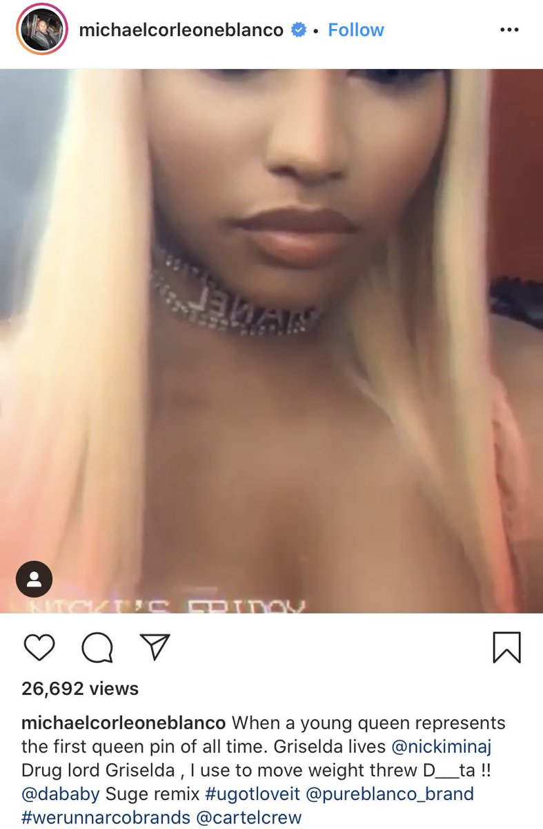 Griseldas only son that hasn’t been killed in some way, Michael Corleone Blanco, has shown his love and respect for Nicki in the past and again when this song dropped. He is aware of Nicki’s past and legitimacy as a high ranking queen pin herself.