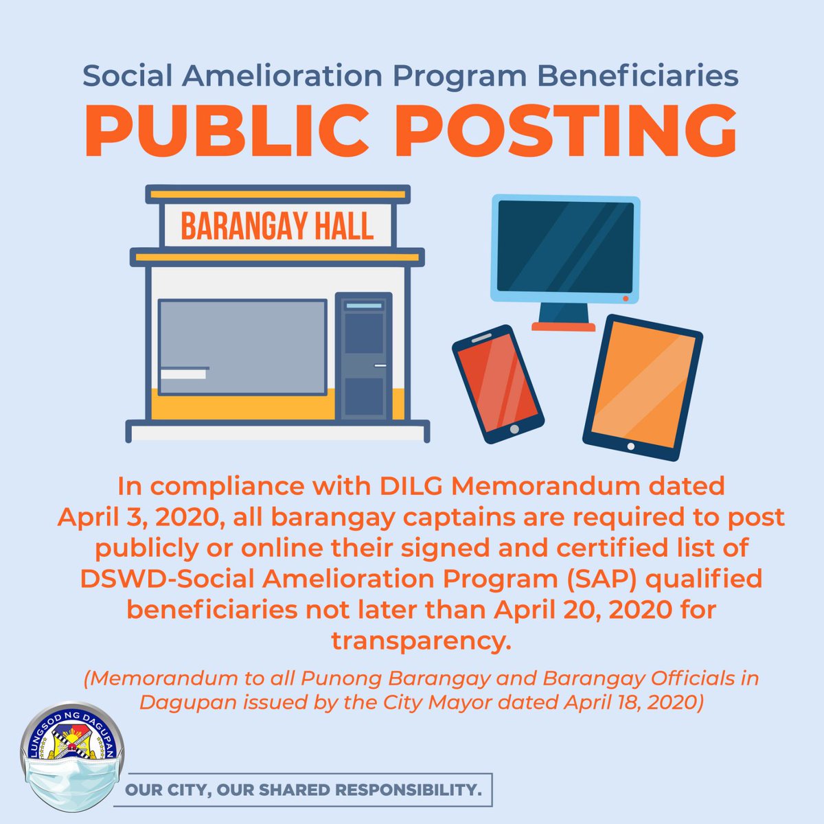 DagupanUpdates's tweet photo. #PublicPosting: In compliance with DILG memorandum dated April 3, 2020, all barangay captains are required to post publicly or online their signed and certified list of DSWD-Social Amelioration Program (SAP) qualified beneficiaries not later than April 20, 2020. https://t.co/tCalboZUIj