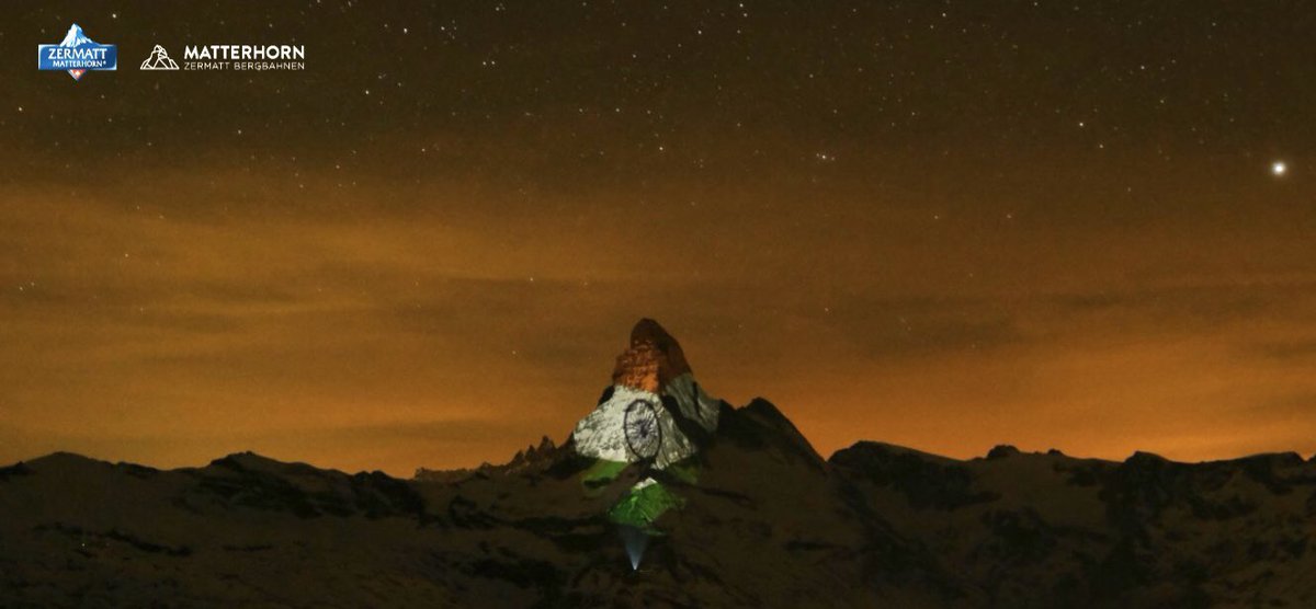 AdityaRajKaul's tweet photo. INDIAN TRICOLOR ON THE MATTERHORN MOUNTAIN: Indian Tricolor 🇮🇳 of more than 1000 meters in size projected on Matterhorn Mountain, Zermatt, #Switzerland to express Solidarity with all Indians in this ongoing fight against #COVID19. https://t.co/DbjoNGKxec