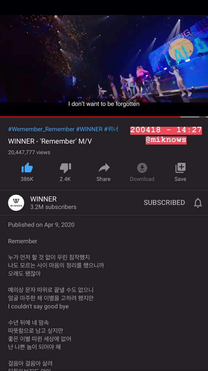 april 18, 2020 - 14:27 20.4M YOUTUBE VIEWS  #REMEMBERWINNER  #위너_오늘발매_잊지말고_리멤버  #WINNER  #위너  @yginnercircle  @yg_winnercity