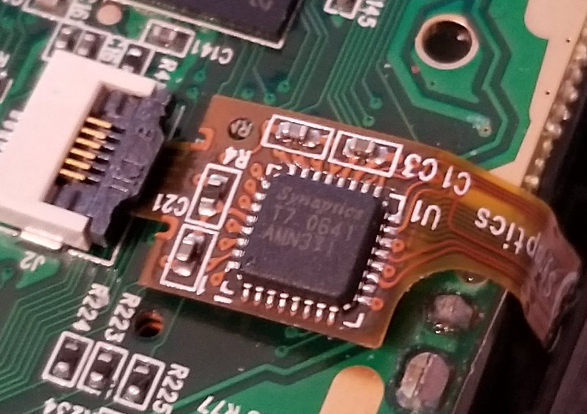 Hey! Chip on flex! that's always neat to see.This is a Synaptics part, they're the same people who make those touchpads that are in every laptop... And that's what this does. it runs the touchpad.What is the chip? I have no idea. Synaptics hates documentation.