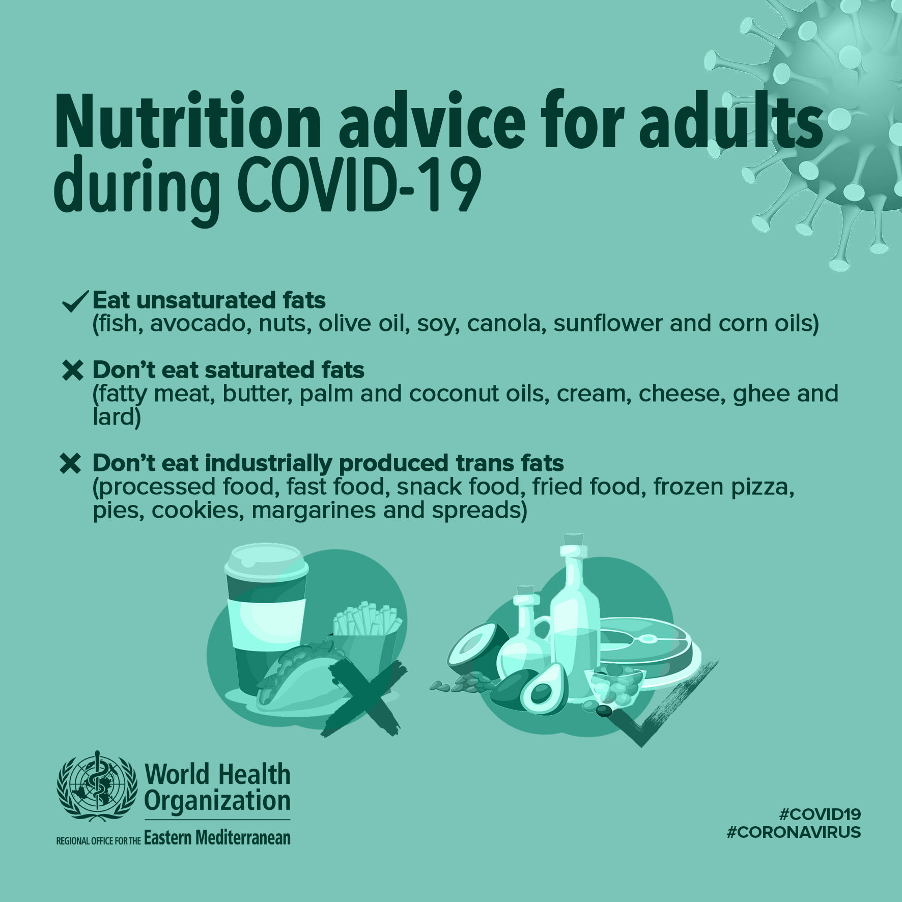 WHO EMRO on Twitter: "Nutrition advice for adults during #COVID19: ✔️ Eat unsaturated fats 🐟🥜🥑 ❌ Don't eat saturated fats 🥩🧈🧀 ❌ Don't eat industrially produced trans fats 🍔🍟🍪… https://t.co/U28APnalY3"