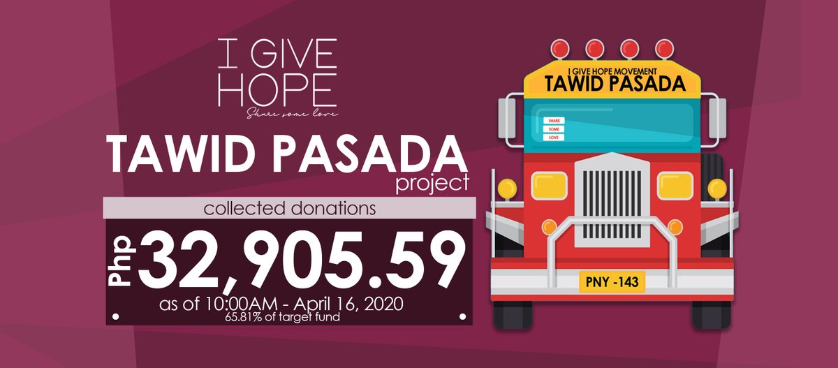 mtp_production's tweet photo. UPDATE : As of today April 18, 2020 - 9AM we collected Php 32,905.59 Please continue helping and donating your butal for our drivers,barker and dispatcher.

#ProjectTawidPasada #Fundraising #iGIVEhopeMovement #MTPproduction https://t.co/rfeDrAX5vC
