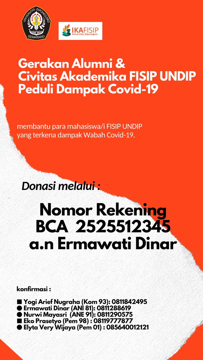 IKAFISIPUNDIP's tweet photo. Untuk membantu adik adik mahasiswa/i FISIP UNDIP yang terdampak Covid-19, kami mengundang mas dan mbak alumni utk berbagi dengan mereka. https://t.co/4X0vtpj64l