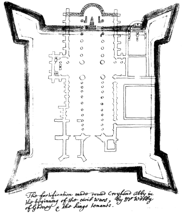 Grave digging pretty much destroys the robber trench evidence you need to trace plans, and Crowland is complicated by the massive Civil War earthworks. However William Stukeley produced these plans in 1745 on discussion with an old sexton who had dug out the foundations