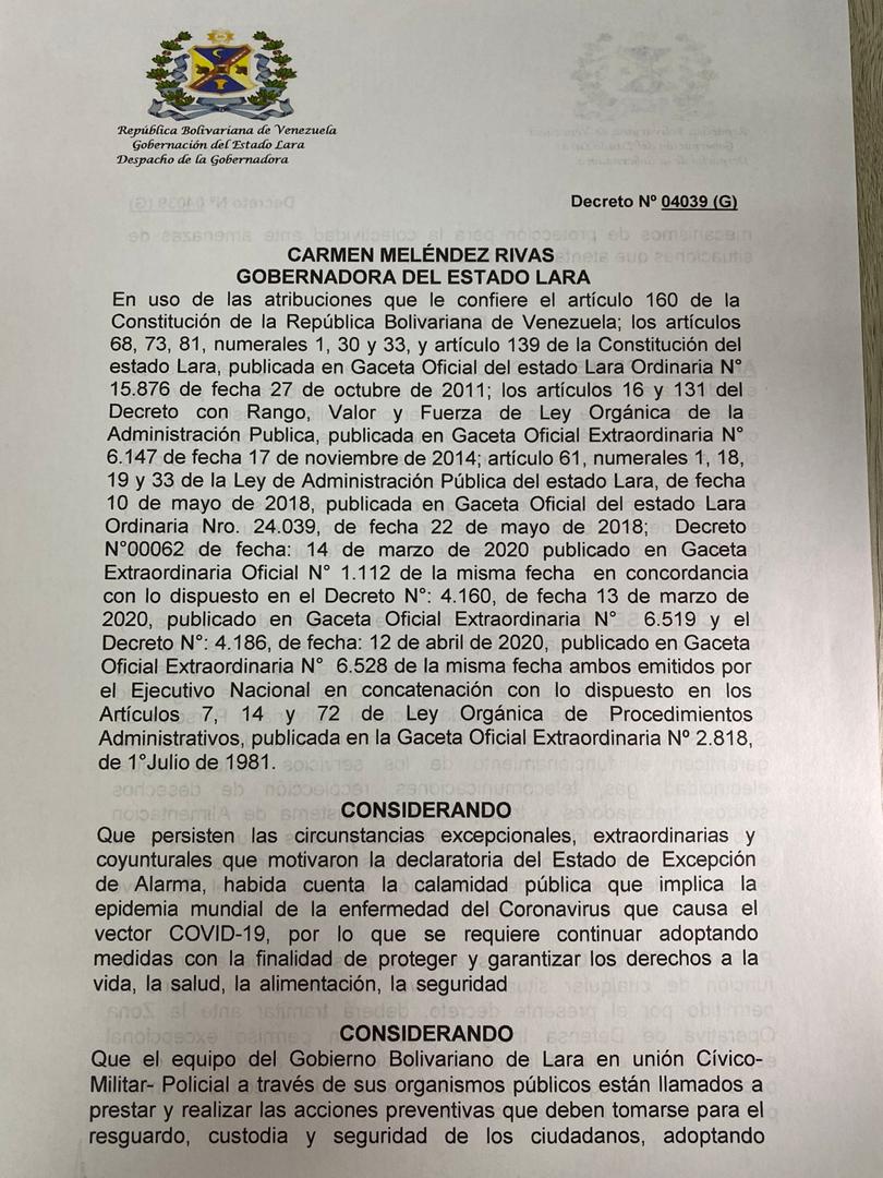 gestionperfecta's tweet photo. #18Abr || 1. Decreto N° 04039 del Gobierno Bolivariano de Lara establece medidas para proteger y garantizar los derechos a la vida, la salud, la alimentación, la seguridad del pueblo para evitar la expansión del COVID 19. https://t.co/X4YElTFO1L