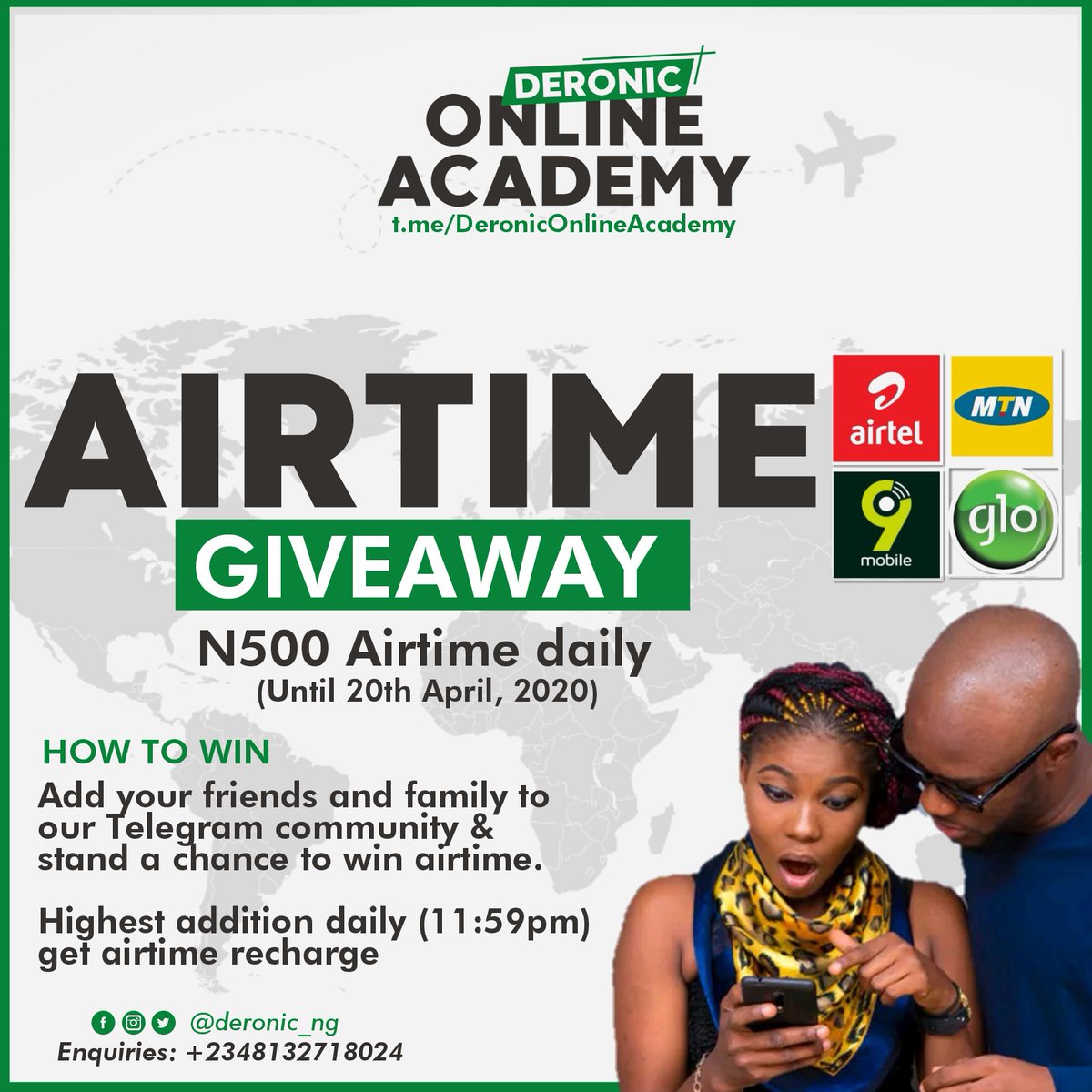 Deronic_NG's tweet photo. ****AIRTIME GIVEAWAY****

How to win

•#Retweet this post
•Join our @telegram community https://t.co/Oo9FIUBSfT
•Add your friends and family to our Telegram community.

Highest addition by 11:59pm wins daily.

Ends: 20th April, 2020

#DOA #GlobalRelevance #DeronicNG #Giveaway https://t.co/BpIE60U8XM