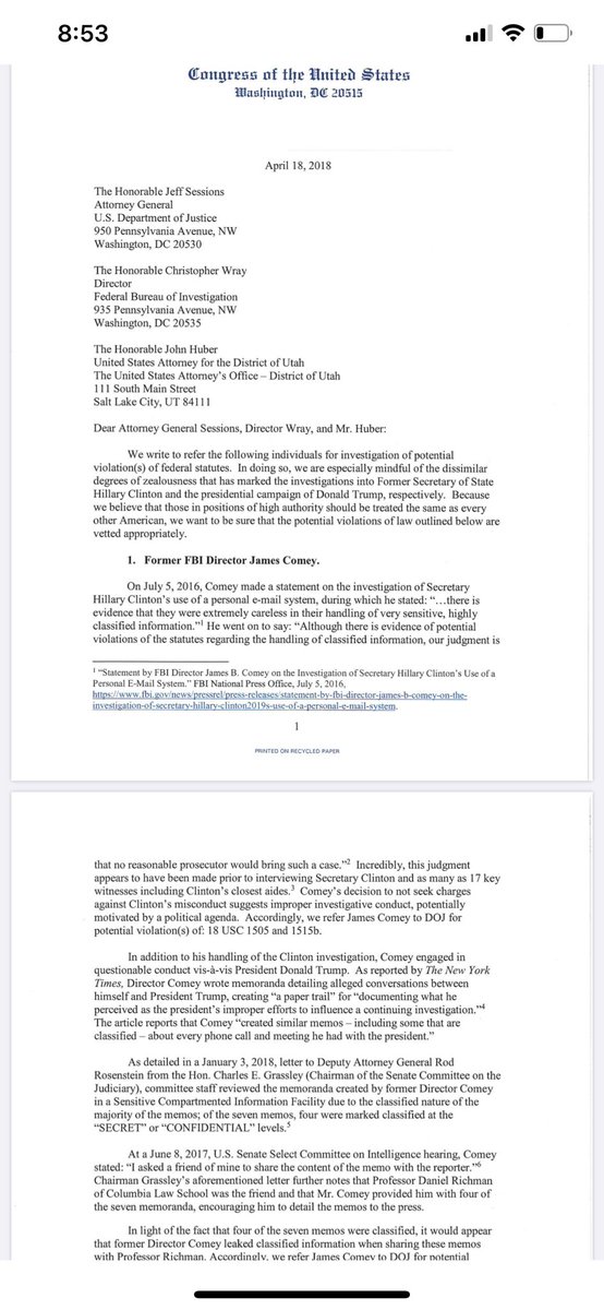 Sun_Q_Tzu's tweet photo. Thank you @MorganGeddes for reminding me of this letter from 10 Republicans in the House on 4/18/18 to the DOJ specifically referring these five individuals for criminal investigation relating to FISA abuse. These may be our first 6 indictments:

1. James Comey
2. Hillary Clinton https://t.co/tTBl7dVm1Z