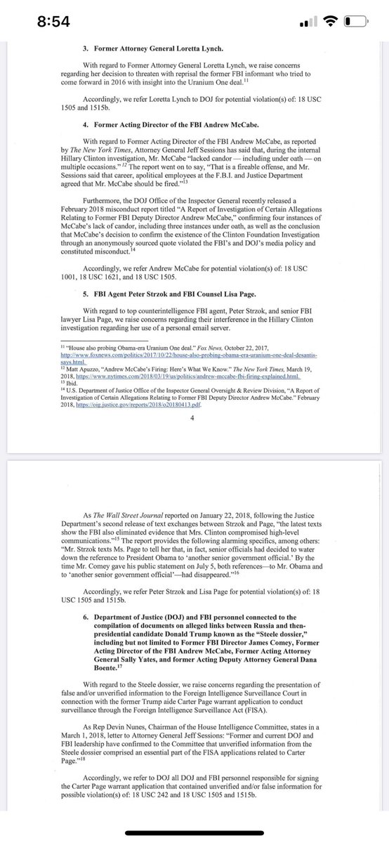 Sun_Q_Tzu's tweet photo. Thank you @MorganGeddes for reminding me of this letter from 10 Republicans in the House on 4/18/18 to the DOJ specifically referring these five individuals for criminal investigation relating to FISA abuse. These may be our first 6 indictments:

1. James Comey
2. Hillary Clinton https://t.co/tTBl7dVm1Z