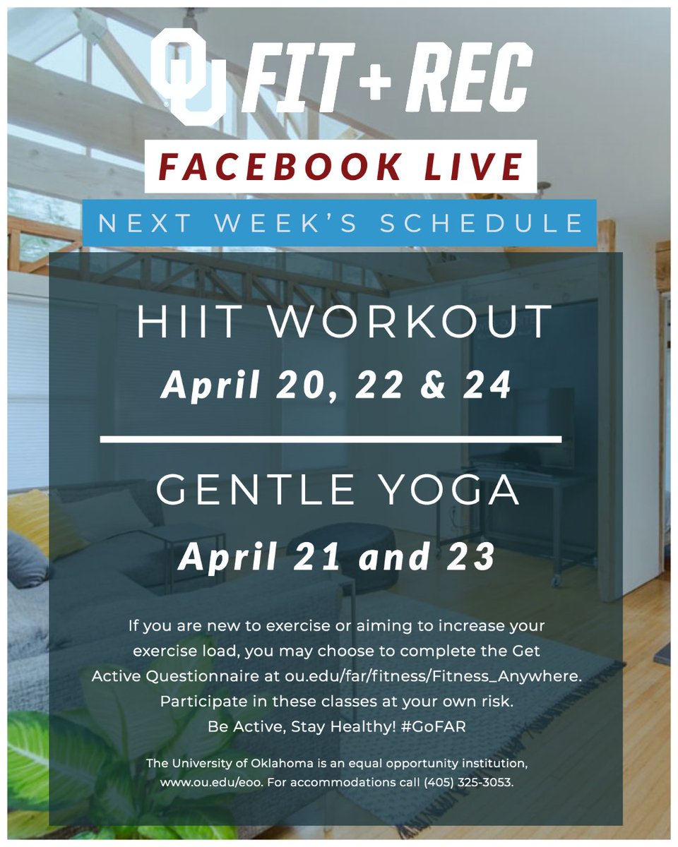 OUFitandRec's tweet photo. 🚨🚨🚨Check out next week's Facebook Live schedule! Be sure to click that share button!
Each class starts at 11am and will be 30-45 min in length.
#GoFAR #ActiveOU #FitnessAnywhere https://t.co/jwIpTCQtsa