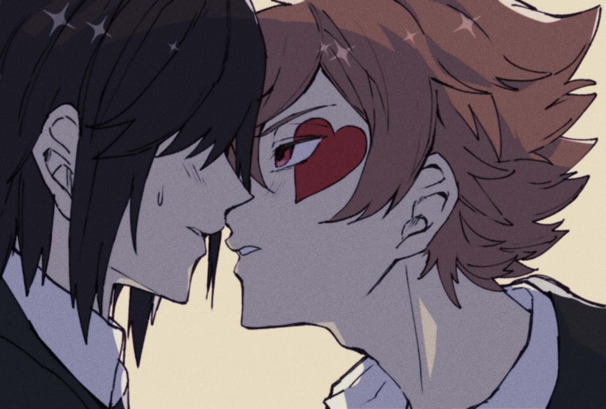 2boys multiple boys male focus yaoi imminent kiss heart black hair  illustration images