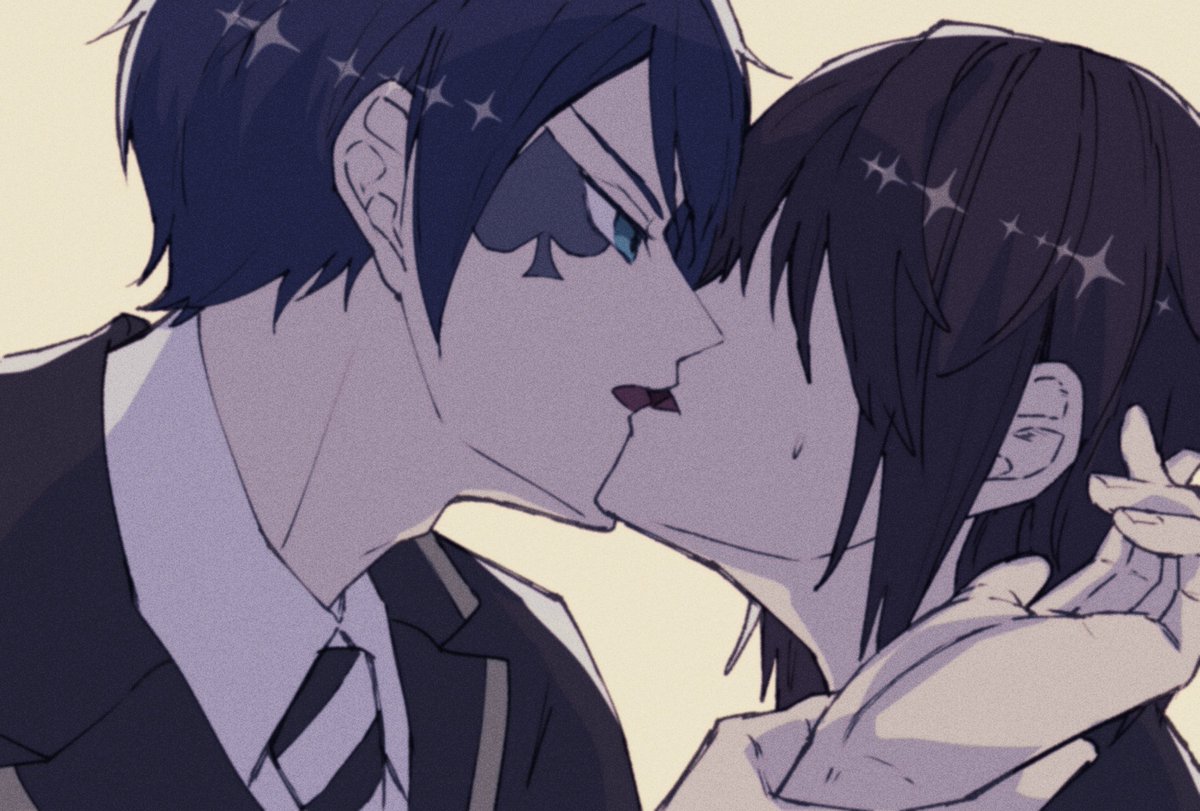 2boys multiple boys male focus yaoi imminent kiss heart black hair  illustration images
