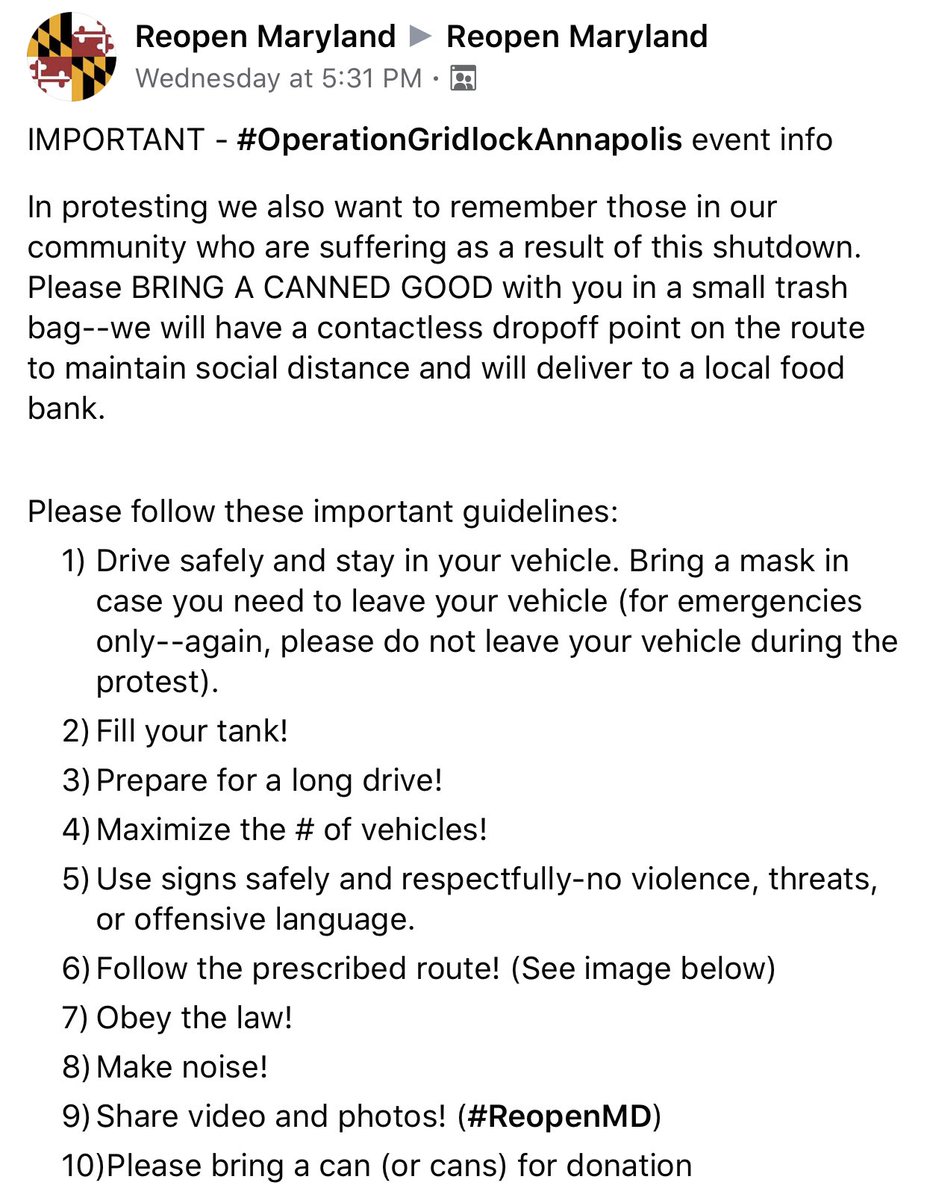 reopenmaryland's tweet photo. Today at noon, WE RIDE! Remember to follow the guidelines outlined! 

#ReOpenMD 

#OperationGridlock #OperationGridLockMD #OperationGridlockAnnapolis https://t.co/bPxQJaSwUC