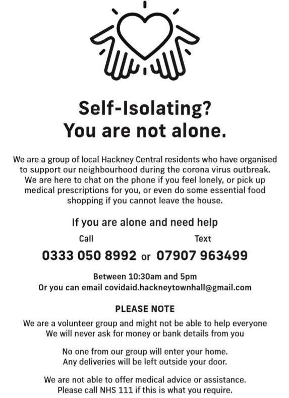 hackneythallaid's tweet image. Hello #Hackney 😀🌥️
If you live in the area around Hackney Town Hall and you're #shielding or #selfisolating give us a call. We're neighbours who can support w/ shopping, prescriptions, a friendly chat. 

#StayHome #StaySafe #MutualAid
