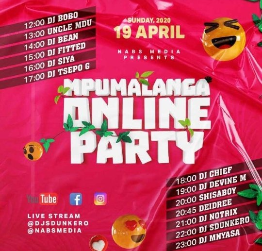 DatGuy54352576's tweet photo. a Mpumalanga version of the #LockdownHouseParty in support in fighting against the Spread of the Pandemic Covid19,it's the #MpumalangaOnlineParty,Stay tuned to all Social media platforms of @djsdunkero this Sunday from 12 midday to 0:00 midnight

@djsdunkero 
@Sthugen 
@TboyMP https://t.co/JhHM6XkSs2