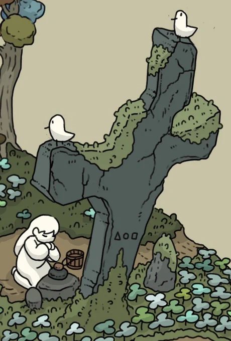 この絵は地震を起こす大鯰と要石のお話を絵にしています

昔、地中で暴れて地震を起こす大鯰を要石という石柱で抑え地震を鎮めたとか
石柱に苔が生えるほど昔の話です
左の石の建物が崩れない位には地震を鎮められたのかも知れません
少女は大鯰の安否を気遣っています
鯰には子供がいます

誰か翻訳し 