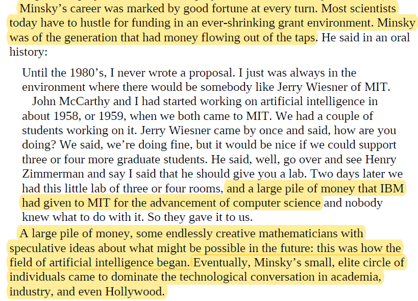 A large pile of money, some endlessly creative mathematicians with speculative ideas of the future: this was how the field of AI began. Eventually, Minsky’s small, elite circle came to dominate the tech conversation in academia, industry, & even Hollywood.  #Broussard