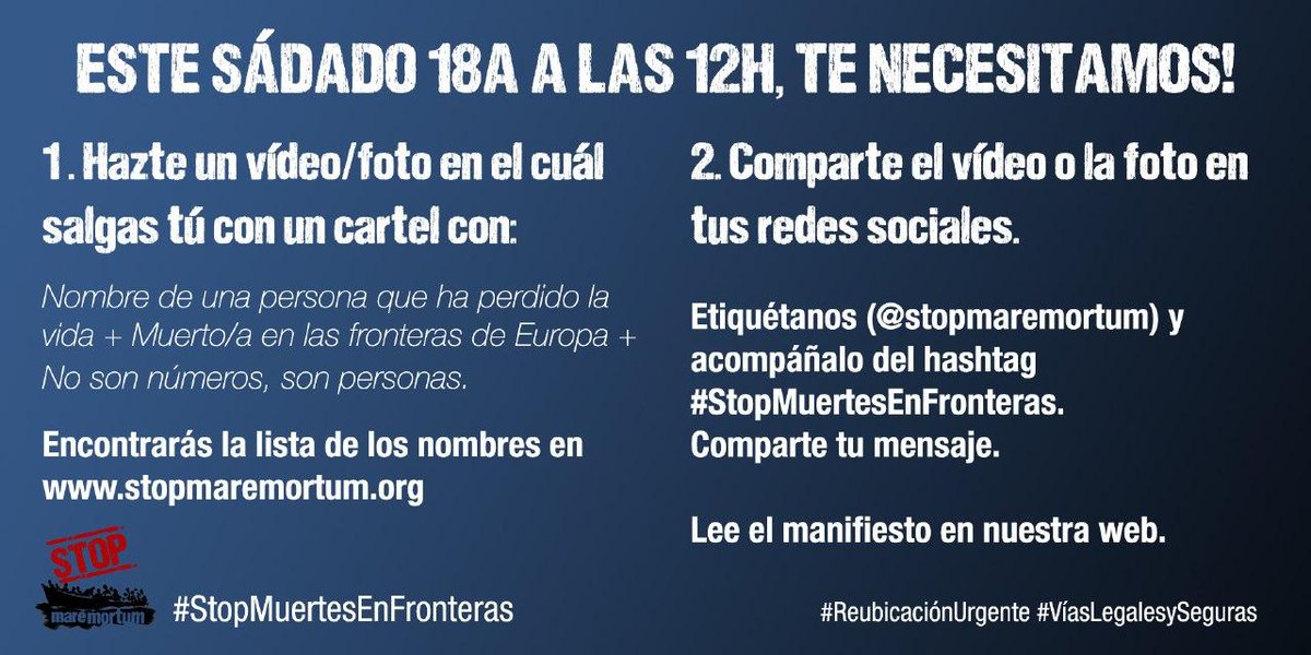📲A las 12h... ¿Nos acompañas? #StopMortsAFronteres 
Lee nuestro comunicado #18A 📃 bit.ly/3bkbGXI

Denunciamos estas muertes 👉🏿 bit.ly/3ctzZTx
Listado elaborado por <a href="/UNITED__Network/">UNITED for Intercultural Action</a>