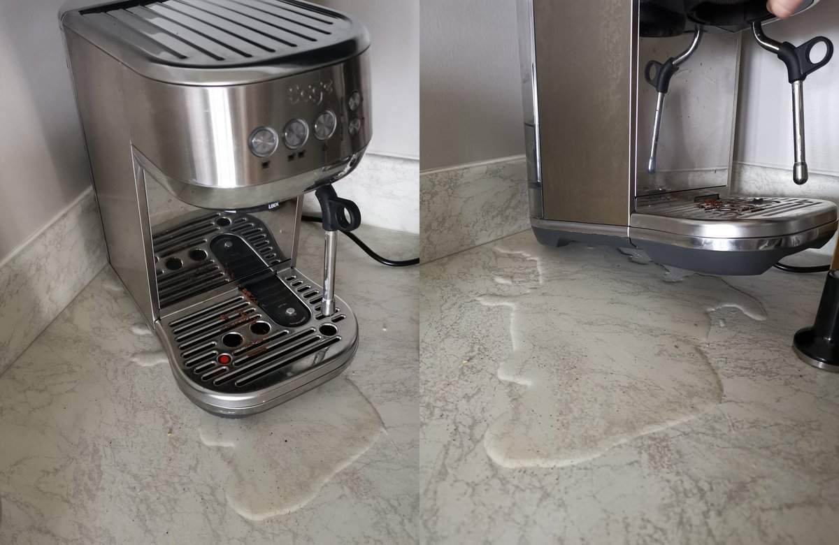 ElenSouthgate's tweet photo. @SageAppliances can you advise on what I can do to stop my coffee machine leaking like this every day? https://t.co/VPVo0y4c1F