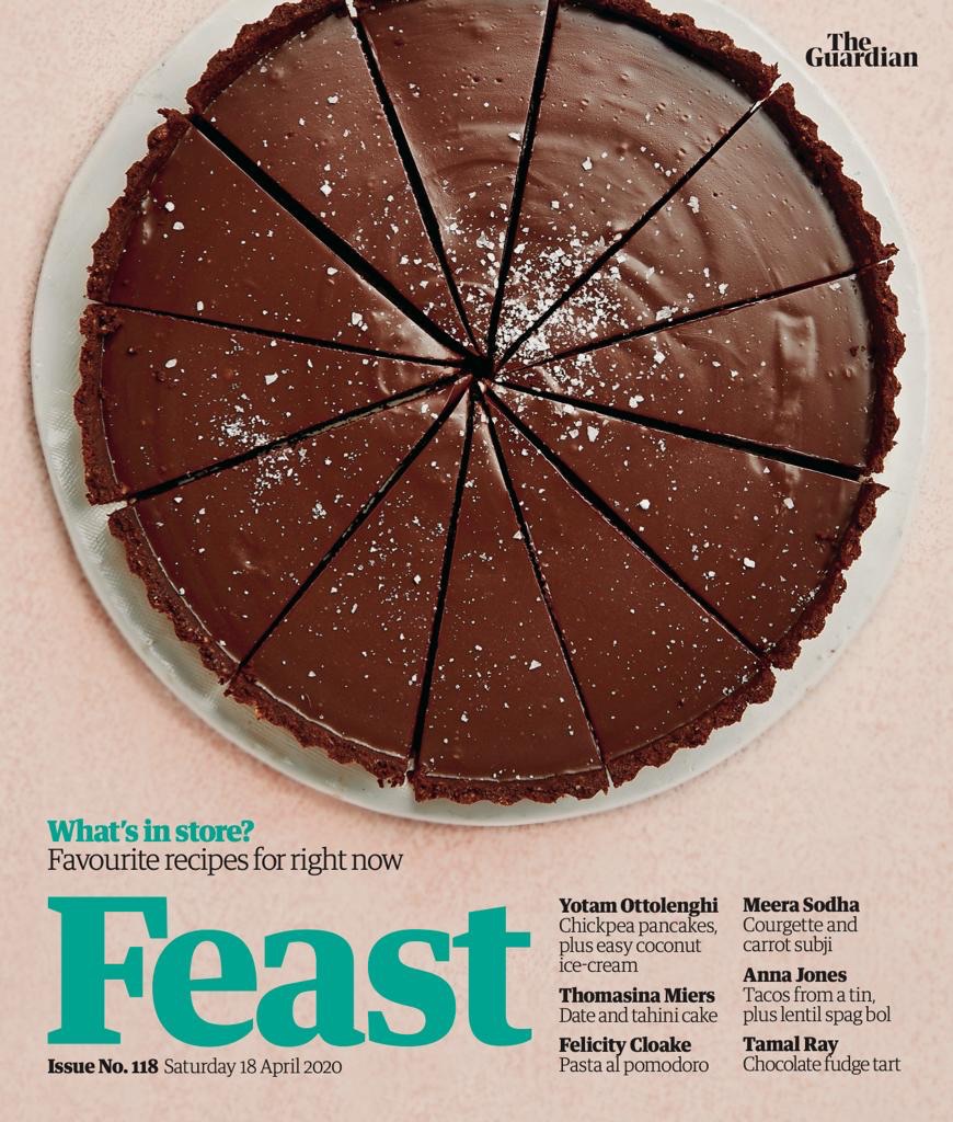 timlusher's tweet image. Today's @GuardianFeast is a collection of our store-cupboard recipes, including @ottolenghi's three-course meal from two tins of chickpeas. This chocolate fudge tart by @drraybakes uses condensed milk and Hobnobs. This issue is a keeper.
