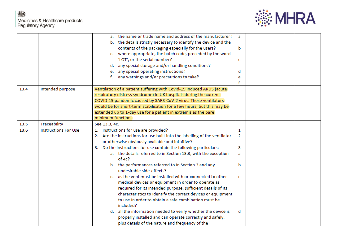 But when the regulator publishes the first formal 'spec' for the new ventilators it is need super-simple. The 'intended purpose' is that these vents should work for a 'few hours' and 'in extremis' 24 /10