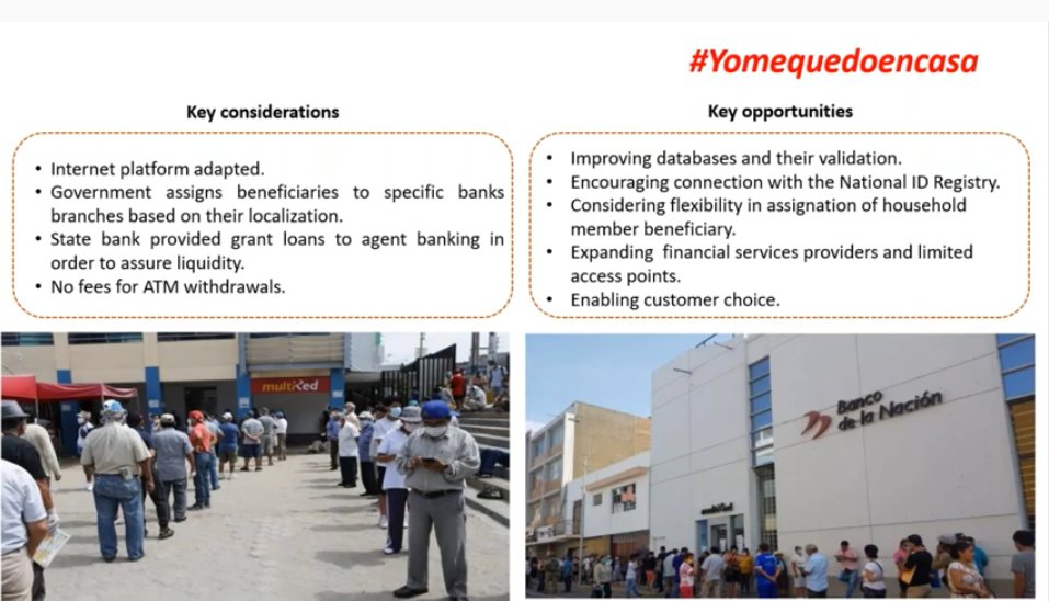 And another very useful  @SP_Gateway webinar led by  @WBG_SPLabor &  @CGAP on Government-to-Person (G2P) payments in the Covid context and how they were operationalised (leveraging existing systems with important tweaks/changes) in  #Ecuador,  #Colombia,  #Peru (pics below),  #Jordan