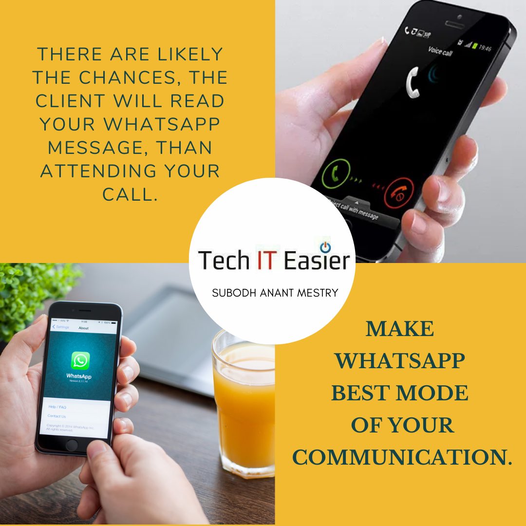tech_it_easier's tweet photo. THERE ARE LIKELY THE CHANCES, THE CLIENT WILL READ YOUR WHATSAPP MESSAGE THAN ATTENDING YOUR CALL.

MAKE WHATSAPP BEST MODE OF YOUR COMMUNICATION

#TechITEasier #SocialMediaTips #MeTechno #AskMeHow #WhatsAppBusiness https://t.co/QL8BLG0gT1