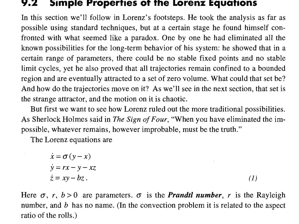 午前4時 ロレンツ方程式の説明で突然四つの署名のシャーロックホームズの名言が引用されるの面白いな こういう類の文章をよんだことなかったので新鮮 不可能を消去し 最後に残ったものが如何に奇妙なことであってもそれが真実