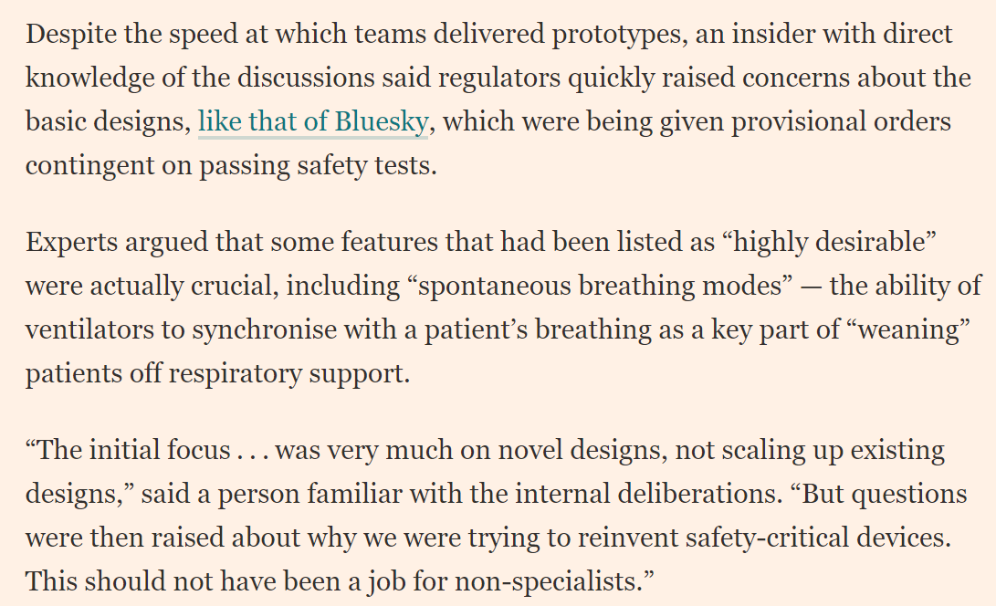 What about the Regulators - the MHRA - they what did they think? As we report, insiders, say that quite quickly there was push-back about the utility of these basic vents, the damage they would cause, and their utility in weaning patients back to health. /14