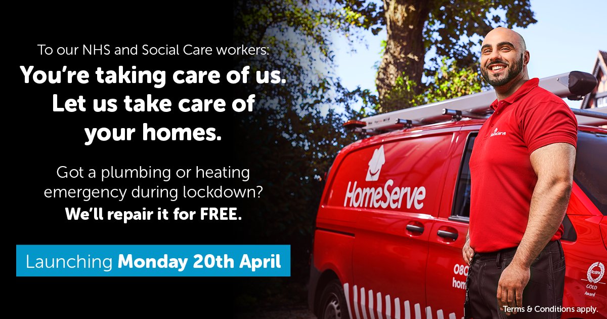 HomeServeUK's tweet photo. Launching Monday. Are you an NHS or Social Care Worker? You take care of us, so let us take care of your home #ThankYouNHS #SocialCare https://t.co/q9wVCDayHa