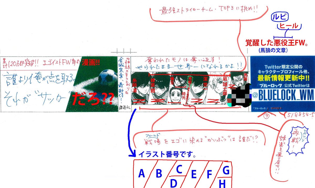 サッカー漫画ブルーロック 公式 ブルーロック単行本デザイン過程 画像文字部分微ネタバレ有 カバーデザインと並行して 帯素材 イメージラフをデザイナーさんにお渡し 画像1 2枚目 帯デザインラフアップ 3枚目 カバーデザインと