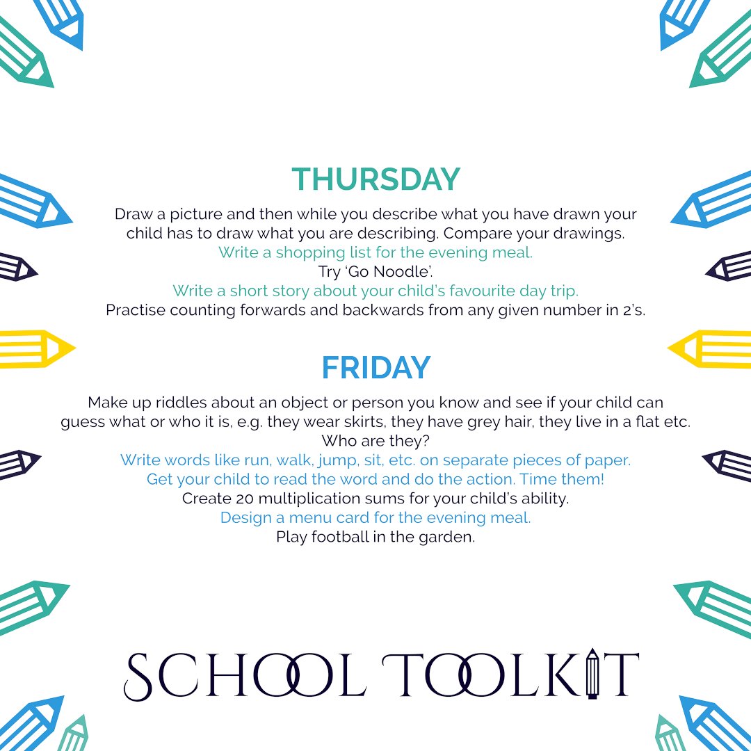 schooltoolkit's tweet image. Happy Monday! Here’s the second instalment of our ‘Weekly Tasks’ providing some activity ideas for when you need some inspiration this week!  😊
#schooltoolkit #weeklytasks #parentalengagement #parentpower #derby