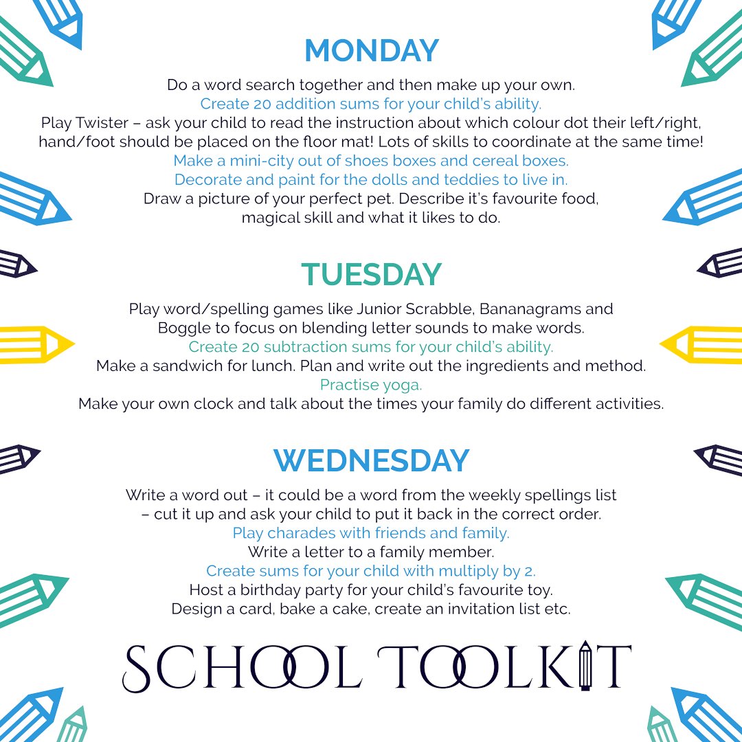 schooltoolkit's tweet image. Happy Monday! Here’s the second instalment of our ‘Weekly Tasks’ providing some activity ideas for when you need some inspiration this week!  😊
#schooltoolkit #weeklytasks #parentalengagement #parentpower #derby