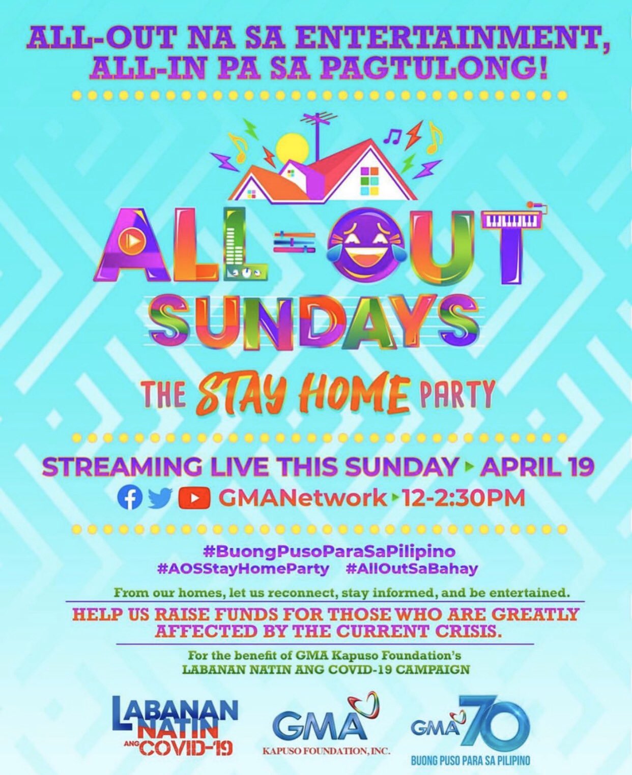 noivcalderon on X Balik muli ang All Out Sundays para sa isa pang Stay Home Party streaming live ngayong Sunday. April 19 12 00 2 30PM sa Facebook Twitter at YouTube ng GMA Network