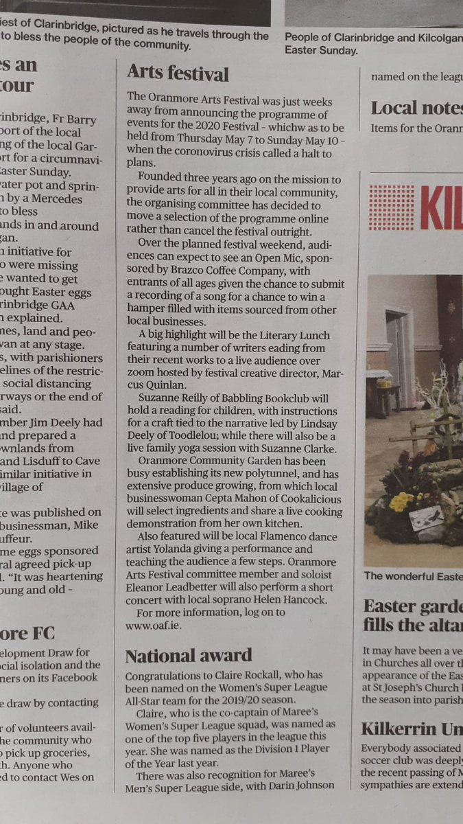 OranmoreArts's tweet photo. Catch up on our plans @CTribune  in the local news section. You can also hear from our great Chairperson, Lindsey Deeley, on @NewstalkFM Lunchtime live Show, where our Festival Online 2020 were discussed. Listen from 10:25 https://t.co/9VOhDkHrvP 

#oafonline2020 #wildatlanticway https://t.co/crSBtJzFcF