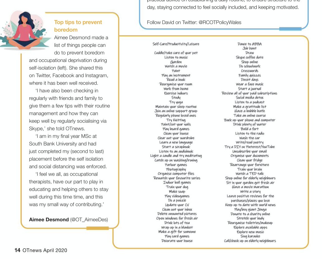 Aimee (@OT_AimeeDes) on Twitter photo 2020-04-18 10:07:34 I am so thrilled to be mentioned in @OTnews :D @theRCOT #occupationaltherapy I am so thrilled to be mentioned in @OTnews :D @theRCOT #occupationaltherapy