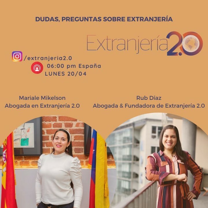 DUDAS, PREGUNTAS SOBRE EXTRANJERÍA 💻 🎥

#InstagramLive 👨‍💻👩‍💻 Estaremos respondiendo todas vuestras dudas 🗣
Dejarlas aquí en los comentarios del post ✍️ LUNES 🗓 20 de ABRIL ⏰ 06:00 Pm #España

<a href="/marialemikelson/">Mariale Mikelson</a> Abogada en #Extranjería 2.0

<a href="/rubdiazm/">Rub Díaz 💎 FLOW MARKETING</a>  … instagr.am/p/B_HibeQIWb4/